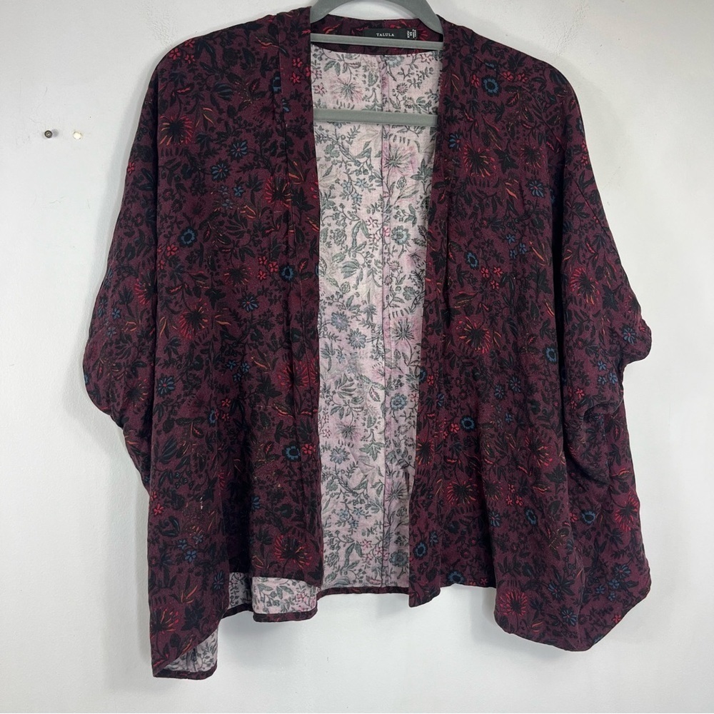 Talula Size XS Floral Maroon Kimono Dolman Open Front Flowy Boho Cardigan BB1